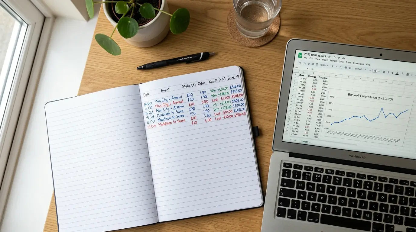 Organised betting journal with a spreadsheet tracking UFC wager results, stakes and running bankroll balance