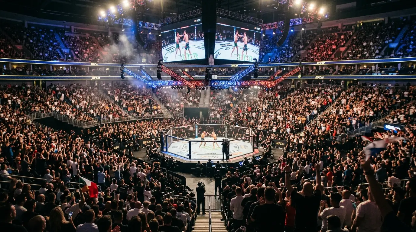 UFC octagon arena filled with spectators during a live event broadcast on CBS