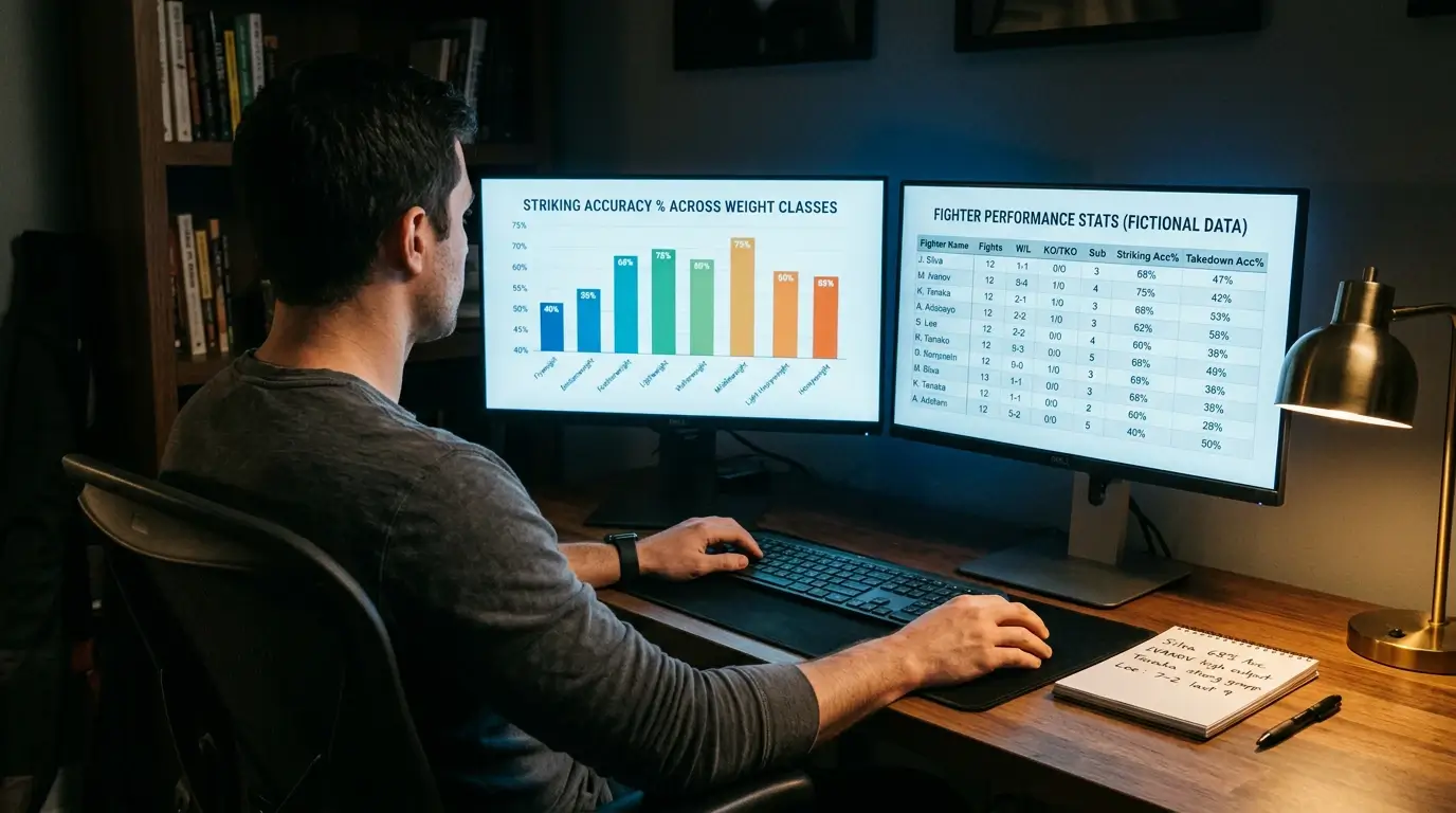 MMA analyst reviewing fighter statistics and performance data on multiple screens before a UFC event