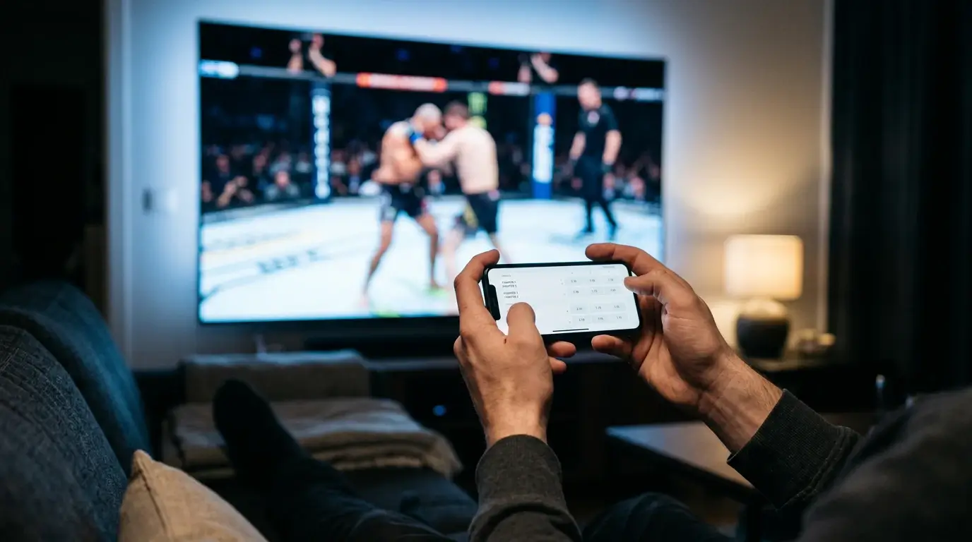 Close-up of a person watching a UFC bout on a large screen while checking in-play betting odds on a mobile phone