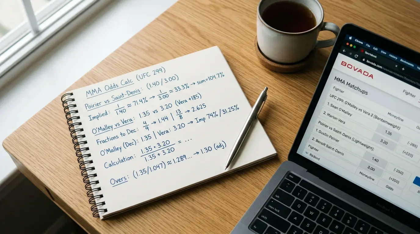Notebook with handwritten fractional and decimal UFC odds calculations next to a laptop showing a sportsbook